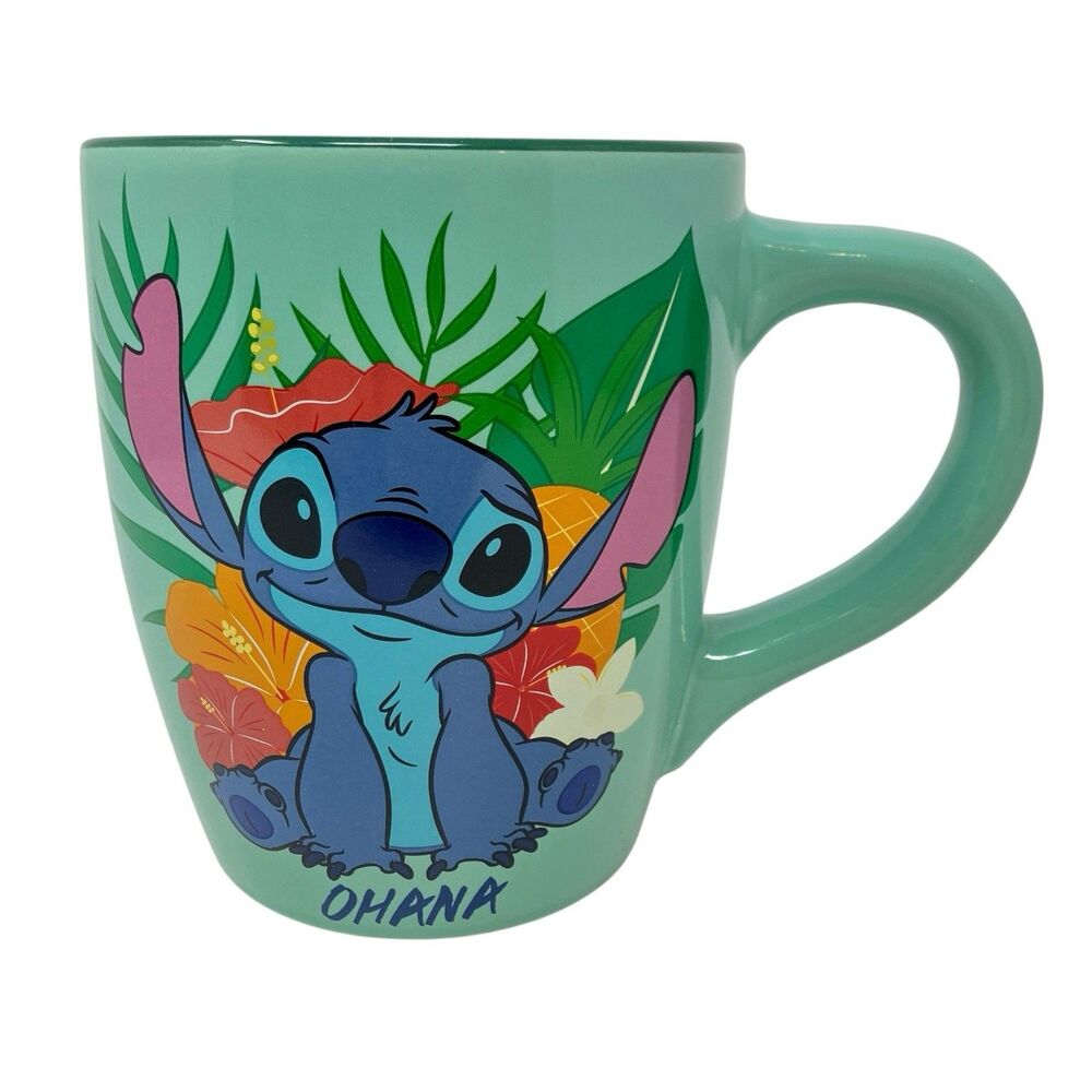 Disney Hawaiian Mug 25 oz Green Oversized Stitch Ohana Lilo & Stitch Floral New